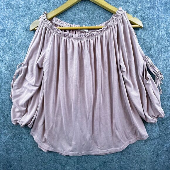 Hummingbird Blouse Womens Medium Pink Cold Shoulder Flowy Drape Stretch Tied - Picture 1 of 6